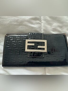 Fendi Black Patent Leather Continental Wallet with Silver Buckle